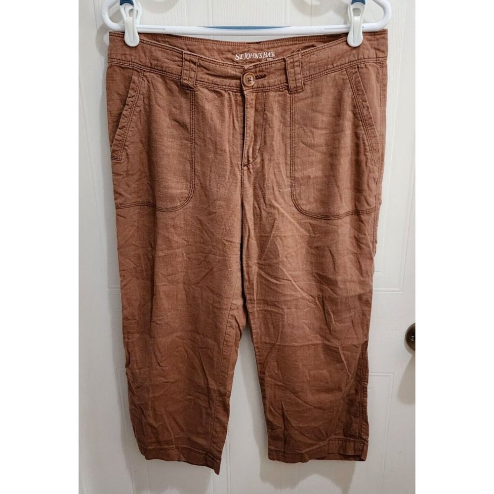 St. Johns Bay Women's Cropped Capri Pants Lightweight Linen Blend Brown Size 8